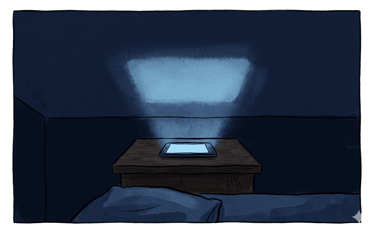 Techo de dormitorio a oscuras con la luz azul de un teléfono en la mesilla iluminando el techo