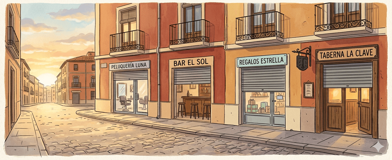 Calle de barrio español al amanecer con cuatro locales — peluquería, bar, tienda, taberna — persianas a medio subir, luz dorada